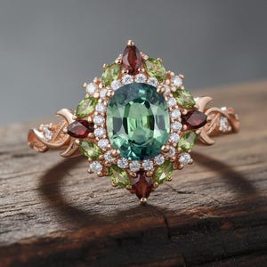 May include: Rose gold ring featuring a large oval green gemstone surrounded by smaller green, red, and white gemstones. The ring has a floral design with intricate details and is set on a wooden surface.