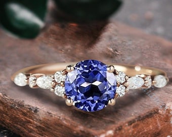 Anillo de compromiso único con zafiro azul, moissanita redonda vintage, piedra de nacimiento de septiembre, aniversario, propuesta de matrimonio.