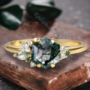 Hexagon Moss Agate Ring Cluster Hexagon Engagement Ring Unique Vintage Hexagon Agate Engagement Ring Promise Ring Gift For Her