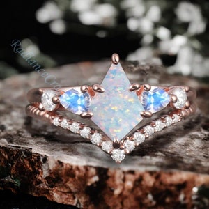 Kite cut Opal engagement ring set unique rose gold stack ring Kite cut moonstone Opal ring Marriage ring Vintage bridal Anniversary ring set