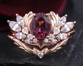 Vintage Red Garnet Engagement Ring Unique Oval Garnet Leaves Ring Angel Wing Ring Branch Ring Twig Wedding Band Solid Gold Red Gemstone Ring