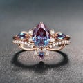 Vintage Alexandrite Engagement Ring Set Women Unique Rose Gold Pear Shape Alexandrite Cluster Ring Bridal Wedding Ring Set Anniversary Gift