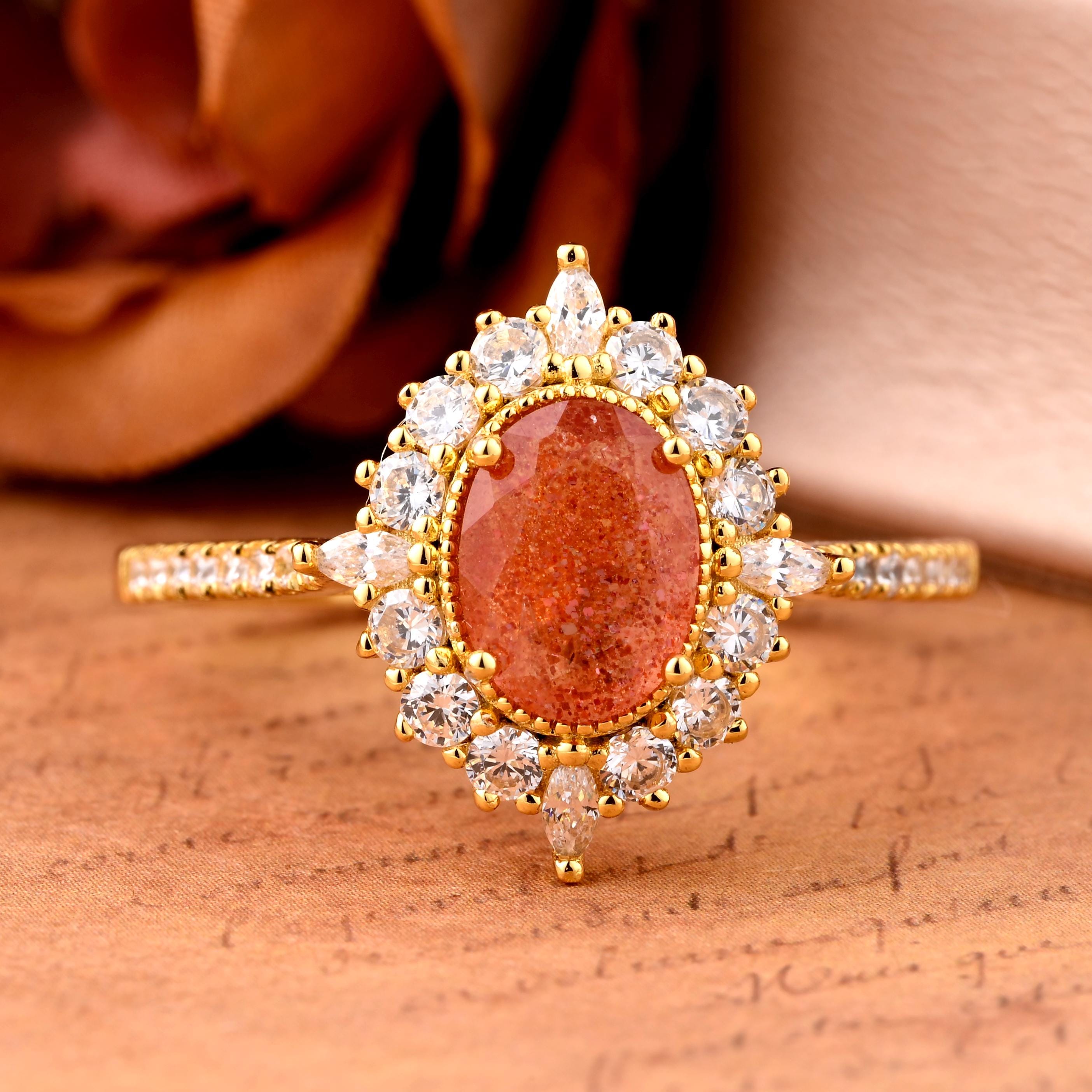Anillo vintage de piedra solar en oro macizo de 14 quilates con piedra preciosa naranja ovalada, anillo de compromiso único con halo de moissanita, regalo de aniversario para mujer.