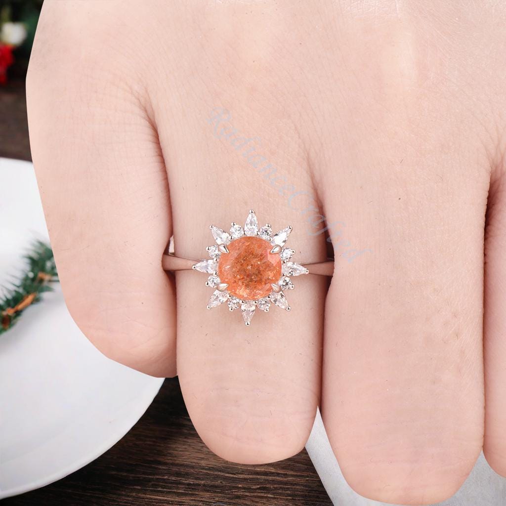 Vintage Sunstone Ring 14K Solid Gold Round Orange Gemstone
