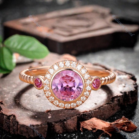 Pink Tourmailine Ring Unique Twisted Engagement Ring Halo Design Ring Pink Tourmailine Wedding Ring For Women Custom Ring Gemstone Ring