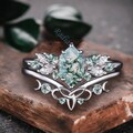 Unique Hexagon Moss Agate Ring Art Deco Wedding Ring Set Vintage Green Agate Engagement Ring Promise Ring Anniversary Ring Gift For Her