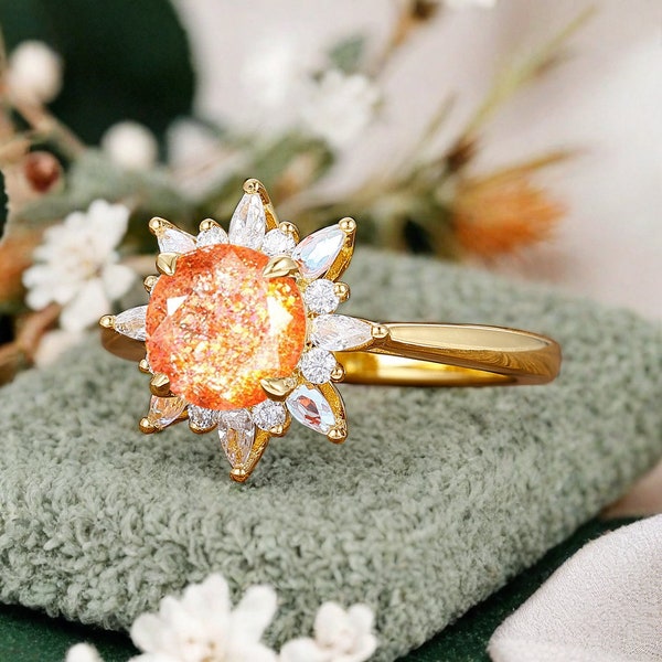 Vintage Sonnenstein Ring 14K Massivgold Rund Orange Edelstein Verlobungsring Einzigartige Moissanite Halo Versprechen Ring Jubiläumsgeschenk für Frauen