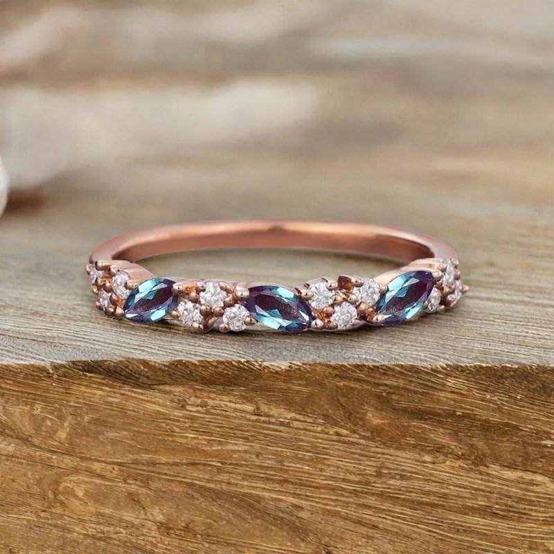 Marquise Alexandrite trouwring vintage roségouden stapelbare band halve eeuwigheid Moissanite trouwring bruids bijpassende band cadeau voor haar