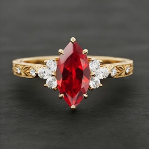 Art Deco Ruby Engagement Ring: Marquise Ruby Ring, Moissanite Ring, 14k Gold