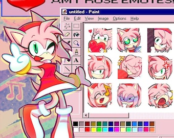 Może przedstawiać: Cyfrowa ilustracja Amy Rose z serii gier wideo Sonic the Hedgehog. Obrazek jest stylizowany na program Paint z Windows 95 z paskiem tytułowym, który brzmi "AMY ROSE EMOTES!!! 12!" i siatką 12 różnych emotikonów Amy Rose.