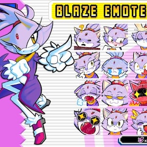 Puede incluir: Ilustración digital de Blaze the Cat de la serie Sonic the Hedgehog. La imagen incluye una ilustración de cuerpo completo de Blaze y 12 emoticonos diferentes. El texto "BLAZE EMOTES" se muestra en una pancarta amarilla.