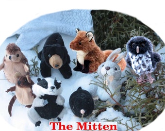 Ensemble de marionnettes à doigts The Mitten, blanc comme neige, mitaines et 8 animaux