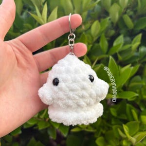 May include: A white, fluffy, crocheted keychain in the shape of a mushroom with two black eyes. The keychain is attached to a silver metal ring. The background is a blurred green bush.