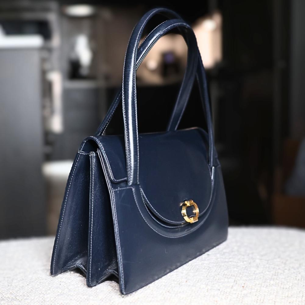 Gucci Rare Vintage 1960s Navy Blue Leather Bag, Classic Authentic