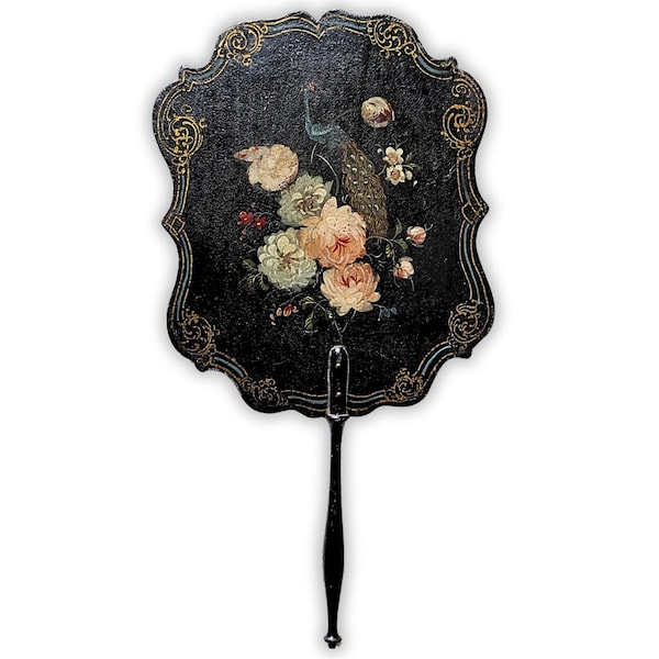 Antique Papier Mache Hand Screen Fan 19th Century, Peacock & Floral Design Face Screen, Victorian Era English Style, Collectible Rare Decor