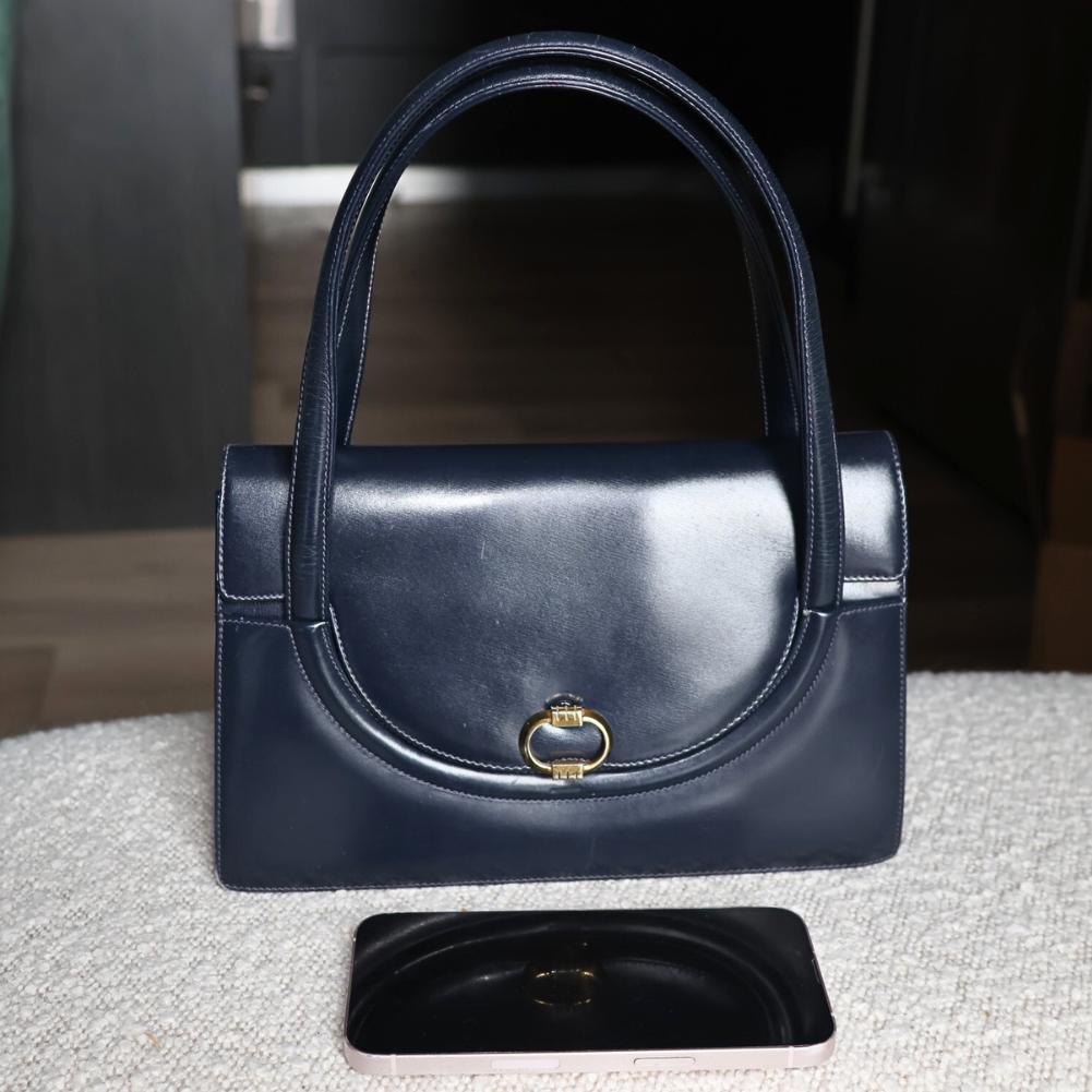 Gucci Rare Vintage 1960s Navy Blue Leather Bag, Classic Authentic