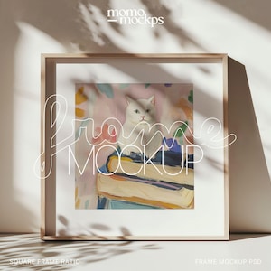 Square Frame Mockup PSD: Modern Wood Frame Template for Prints & Artwork Display - DIN A -Digital Photoshop Mockup Scene Wood Frame Template