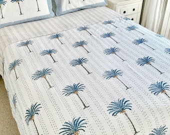 Palm Tree Kantha Quilt: Blue & White Coastal Bedspread, Handmade Cotton