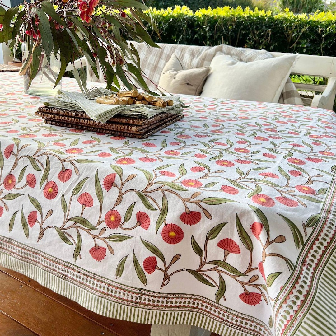 Square Tablecloth: Red and Green Floral Cotton Table Cover | Hand Block ...