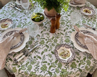 Hand Block Printed Round Tablecloth: Green Chintz Floral Cotton circular Cover | small, medium,. large | 4, 6, 8 seater