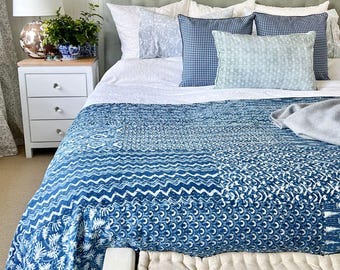 Patchwork Kantha Quilt: Vintage Indian Bedspread, Blue & White Cotton Coverlet