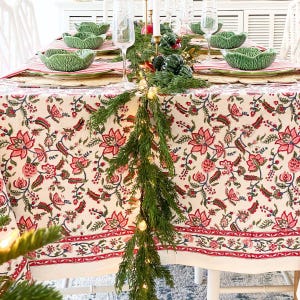 Christmas square tablecloth | Hand Block Printed Cotton Tablecloth: Indian Chintz Floral Design, 180 cm / 72 inches | 6 seater table cover