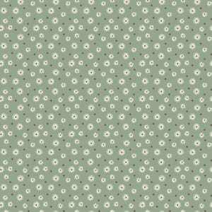 May include: A repeating pattern of white daisy-like flowers with brown centers and small brown star-shaped accents on a muted green background. The floral design is evenly spaced, creating a consistent and delicate aesthetic. This pattern is suitable for fabric or wallpaper.