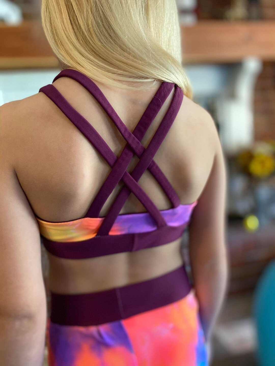 Athleta Girl Purple Tie Dye Upbeat Sports Bra Criss Cross Straps