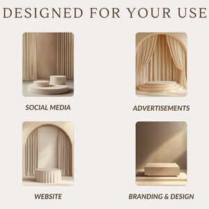 May include: Four different mockups of a product display with a beige background and a beige platform. The first mockup shows a platform with two levels and is labeled "Social Media". The second mockup shows a platform with three levels and is labeled "Advertisements". The third mockup shows a platform with one level and is labeled "Website". The fourth mockup shows a platform with one level and is labeled "Branding & Design".