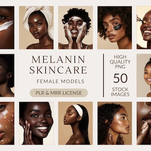 Könnte beinhalten: Eine Collage von Bildern, die verschiedene Frauen mit unterschiedlichen Hautpflege-Routinen zeigen. Der Text "MELANIN SKINCARE" und "FEMALE MODELS" wird in der Mitte der Collage angezeigt. Der Text "HIGH QUALITY PNG 50 STOCK IMAGES" wird in der unteren rechten Ecke der Collage angezeigt.