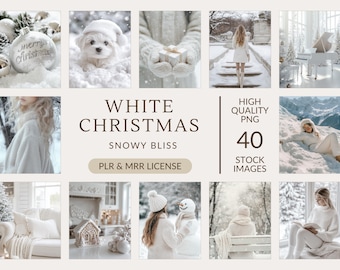 May include: A collage of winter-themed images with a white and snowy aesthetic. The text "WHITE CHRISTMAS SNOWY BLISS" is displayed, along with "HIGH QUALITY PNG 40 STOCK IMAGES" and "PLR & MRR LICENSE". The images include a dog, a snowman, and a piano.