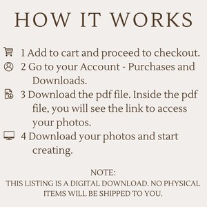 May include: A digital download instruction guide with a shopping cart, a person icon, a file icon, and a computer monitor icon. The text reads "HOW IT WORKS" and lists four steps for downloading a digital product. The text also includes a note that this listing is a digital download and no physical items will be shipped.
