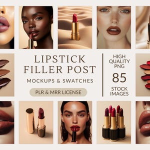 May include: A collection of 85 high-quality PNG images of lipstick swatches and mockups. The images feature various shades of lipstick, including red, brown, and nude. The images are perfect for use in social media posts, website designs, and marketing materials.
