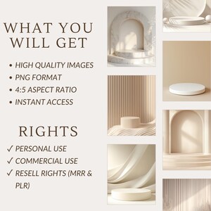 May include: A set of six digital mockups featuring various backgrounds and white podiums. The backgrounds include a marble archway, a textured wall, a draped fabric, and a plain beige background. The text "WHAT YOU WILL GET" and "RIGHTS" is visible on the left side of the image.