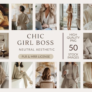 May include: A collage of images showcasing a neutral aesthetic with a chic girl boss theme. The images feature women in beige and cream clothing, working on laptops, reading books, and relaxing in stylish interiors. The text "CHIC GIRL BOSS" and "NEUTRAL AESTHETIC" is displayed in a brown font.
