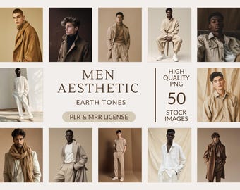 May include: A collage of 50 high-quality PNG images featuring men in various earth-toned outfits. The images are arranged in a grid with the text "MEN AESTHETIC EARTH TONES" and "PLR & MRR LICENSE" in the center. The text "HIGH QUALITY PNG 50 STOCK IMAGES" is in the upper right corner.