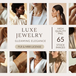 Puede incluir: Una colección de 65 imágenes PNG de alta calidad con mujeres que llevan diversas joyas de oro y diamantes. Las imágenes son perfectas para usar en redes sociales, sitios web o materiales de marketing. LUXE JEWELRY GLEAMING ELEGANCE PLR & MRR LICENSE