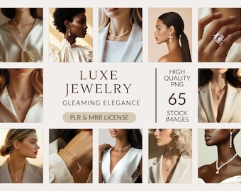 May include: A collection of 65 high-quality PNG images featuring women wearing various gold and diamond jewellery. The images are perfect for use in social media, websites, or marketing materials. LUXE JEWELLERY GLEAMING ELEGANCE PLR & MRR LICENSE