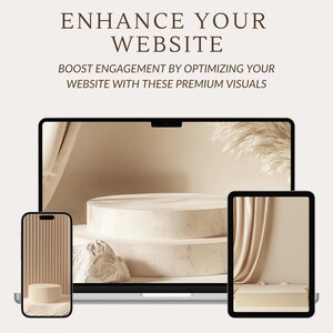 May include: A laptop, tablet, and smartphone display a mockup of a website with a beige background and a white platform. The platform is layered with a white rock and a dried grass plume.
