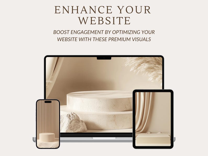 May include: A laptop, tablet, and smartphone display a mockup of a website with a beige background and a white platform. The platform is layered with a white rock and a dried grass plume.