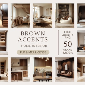 Op de afbeelding: Een collage van 50 hoogwaardige PNG-afbeeldingen die bruine accenten in de inrichting van huizen laten zien. De afbeeldingen tonen verschillende kamers, waaronder een slaapkamer, een woonkamer, een keuken en een kantoor, die allemaal zijn ingericht met bruine meubels, decoratie en accenten.