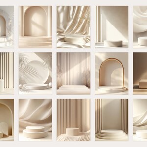 May include: A collection of 10 minimalist product display mockups featuring various backgrounds and podiums. The backgrounds include white marble, fabric, and wood-like textures. The podiums are round and rectangular, with some featuring multiple tiers. The mockups are ideal for showcasing products in a modern and elegant style.