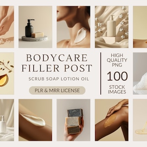 May include: A collection of 100 high-quality PNG images for use in social media posts promoting body care products. The images feature various products, including scrub, soap, lotion, and oil. The images are perfect for creating engaging and visually appealing content for your social media channels.