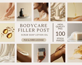 Pode incluir: Uma coleção de 100 imagens PNG de alta qualidade para usar em postagens de mídia social para promover produtos de cuidados com o corpo. As imagens apresentam vários produtos, incluindo esfoliante, sabonete, loção e óleo. As imagens são perfeitas para criar conteúdo envolvente e visualmente atraente para seus canais de mídia social.
