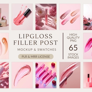 Può includere: Una collezione di lucidalabbra e campioni di lucidalabbra in varie tonalità di rosa e nude. L'immagine include una bozza di un tubo di lucidalabbra e una sovrapposizione di testo che recita "Lipgloss Filler Post Mockup & Swatches PLR & MRR License".