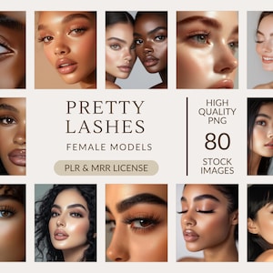 May include: A collage of images featuring female models with different eye makeup and eyelashes. The text "PRETTY LASHES" is in the center of the collage, with the text "FEMALE MODELS" below it. The text "HIGH QUALITY PNG 80 STOCK IMAGES" is on the right side of the collage.