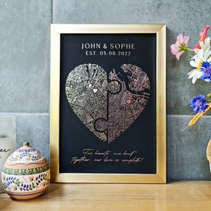 Zwei Orte Herz Puzzle Karte Goldfolie gerahmte Wandkunst, benutzerdefinierte Hochzeit Dusche Geschenk für Paar, Geschenk 1. Jahrestag für Frau
