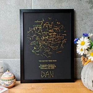 Oeuvre d'art personnalisée sur la carte de la constellation : commémorez votre jour de naissance avec des étoiles et des constellations - cadeau céleste et attentionné personnalisé