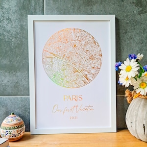 Illustration personnalisée de plan de ville en feuille d'or : célébrez l'histoire de notre ville romantique avec un texte personnalisé. Cadeau pour couple, oeuvre d'art personnalisée