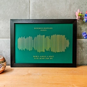 Oeuvre d&#39;art personnalisée en forme d&#39;onde sonore en feuille d&#39;or : chanson et texte personnalisés gravés sur toile - décoration unique et cadeau sentimental. Cadeau couple